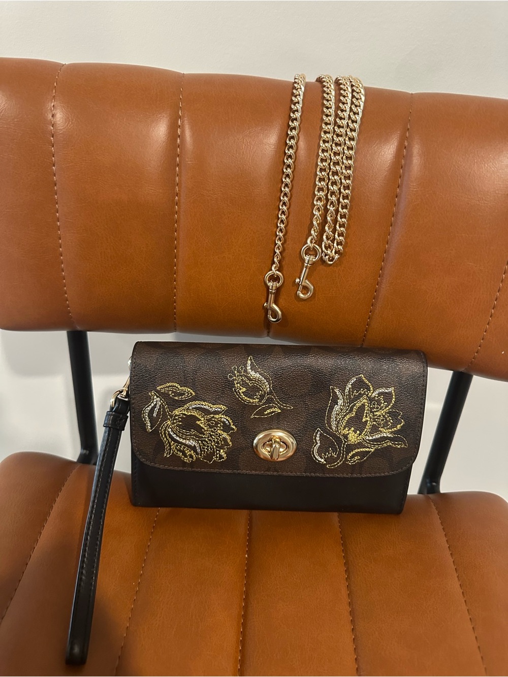 Coach Brown Floral Embroidered Crossbody with Gold Hardware